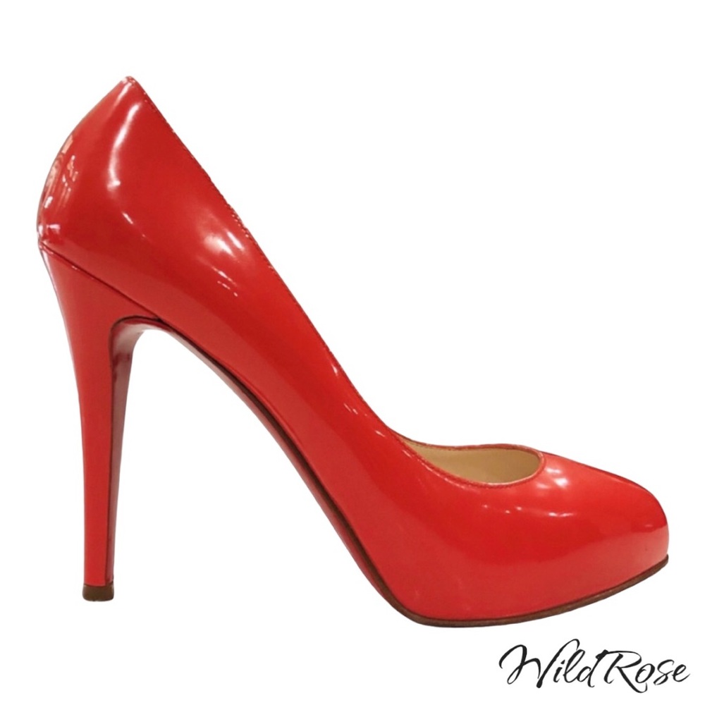 CHRISTIAN LOUBOUTIN Coral Orange Patent Leather “Declic” Platform  Pumps SZ 37.5